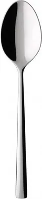 A single, polished metal spoon on a white background.