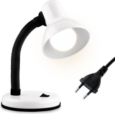LUMILED Schreibtischlampe klassisch Leselampe Tischleuchte Flexibler Hals Arbeitsleuchte mini Nachttischlampe E27 Fassung Tischlampe aus Metall Kinderzimmer für Lesen Studieren Mädchen Junge weiß
