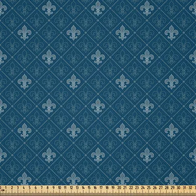 Produktbild von ABAKUHAUS Fleur De Lis Satin Stoff als Meterware, Mittelalter-abstraktes Blumengesteck-Muster mit alten barocken Elementen, 10 M (148 x 1000 cm), Blau grau