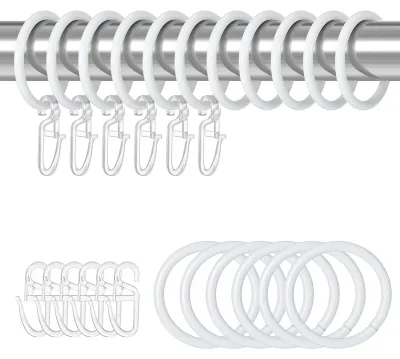 Image de 30 anneaux pour rideaux, anneaux métalliques avec 30 crochets en plastique pour fenêtres, portes, rideaux de douche, crochets pour tringles, diamètre intérieur de 30 mm (blanc)