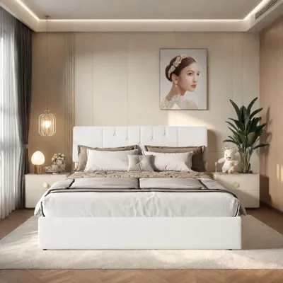 Produktbild von ProximaX Hydraulikbett 160×200 cm in Creme – Teddy-Stoff, USB-Anschlüsse an beiden Seiten, großer Bettkasten unter der Liegefläche – Ideal fürs Schlafzimmer