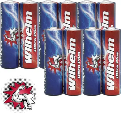 A group of Wilhelm Ultra Plus AA Mignon batteries are displayed against a white background.