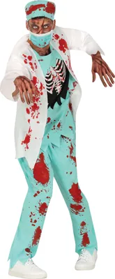 Immagine prodotto di Zombie dottore costume di Halloween sanguinoso Scrubs chirurgo spaventoso travestimento medico occhiali aspetto spettrale bianco rosso verde costume set completo manica lunga per la festa spaventoso atmosfera maschera chirurgica include berretto pantaloni ospedale infestato classico novità, dimensioni: 52 - 54 (L) Colore: bianco