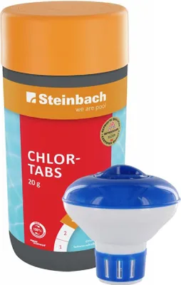 Produktbild von Steinbach Poolpflege-Set | Chlordosierschwimmer Mini Ø 12,5 cm & Chlortabs 20 g | für Dauerdosierung & Schockchlorung | mit Dosierregler | ideal für kleine Pools & Whirlpools