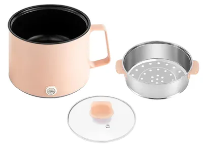 Produktbild von Elektrischer Hot Pot Topf - 1,7 l Mini Kochtopf - Antihaftbeschichtung - Glasdeckel - Dampfaufsatz - 220 V - Rosa