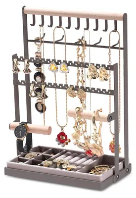 Produktbild von Schmuckständer Schmuckhalter Schmuckaufbewahrung - Metall und Samt - 32 x 21,5 x 12,5 cm - Grau - Für Ketten, Ohrringe und Armbänder