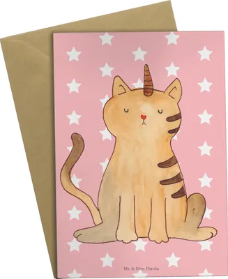 Produktbild von Mr. & Mrs. Panda Grußkarte Einhorn Katze - Rot Pastell - Geschenk, dankeskarten, Glitzer, weihnachtskarten, Unicorn, Regenbogen, Grußkarten, Mieze, einladungskarten