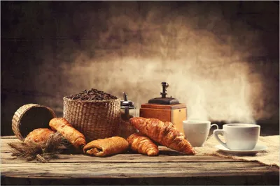 Produktbild von Wallario Poster - Französisches Frühstück mit Café und Croissants, Kunstdruck Größe: 100 x 150 cm