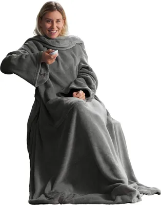 Produktbild von CelinaTex TV-Decke mit Ärmeln und Fußtasche Flauschige Kuscheldecke XL 170 x 200 cm grau Mikrofaser Fleece Soft