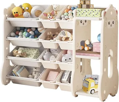 Image de Étagère de rangement pour jouets pour enfants, avec des bords arrondis, organisateur de jouets avec 4 étagères, bibliothèque pour enfants, idéale pour ranger livres et jouets dans la chambre d'enfant, étagère multifonctionnelle, couleur beige