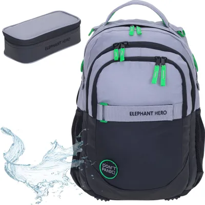 Produktbild von Schulrucksack Set 2 Teile Elephant Hero Signature Rucksack Schultasche Jungen Mäppchen Box 13047 Color Block Grau Grün r mb