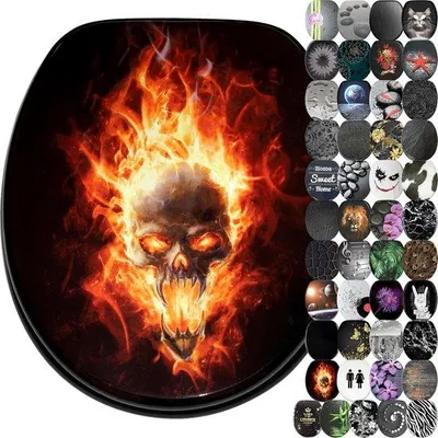 Produktbild von Famanu WC-Brille Holz - Softclose Mechanismus - 47 x 37,7 cm - Totenkopf Flammen