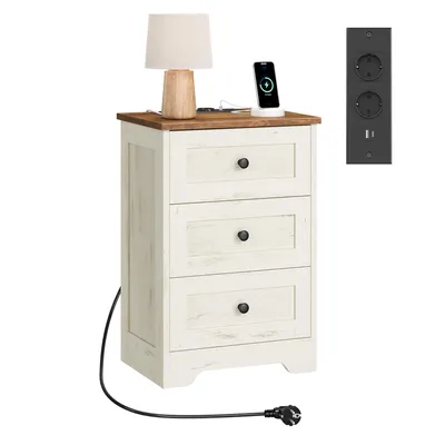Produktbild von VASAGLE Nachttisch mit Steckdose und 3 Schubladen, 40 x 30 x 59 cm, Weiß und Braun