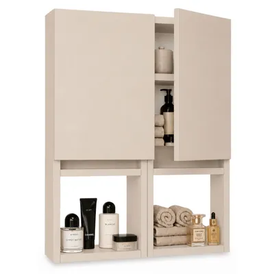 Produktbild von Hängeschrank Badezimmer, 75x56x25 cm, Kaschmirfarbe Matt, 6 Regale, Soft-Close-Türen, Anti-Fingerprint, Wandmontage