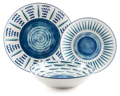 A set of three blue and white patterned ceramic dishes, including a large plate, a smaller plate, and a bowl, arranged on a white background.