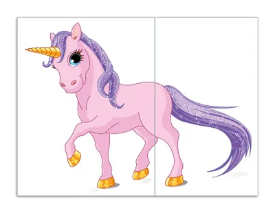 Produktbild von Wallario Herdabdeckplatte aus Glas, Größe 70 x 52 cm 2-teilig, Motiv Einhorn in rosa mit Schweif in lila