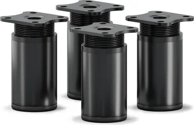A set of four black, adjustable furniture legs are arranged on a white background.