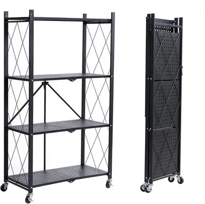 Image de Étagère pliante à 4 niveaux, étagère pliable sur roulettes, étagère pliante robuste, étagère métallique noire, étagère de rangement pour la cuisine, le bureau ou le salon, dimensions : 71 x 34 x 126 cm