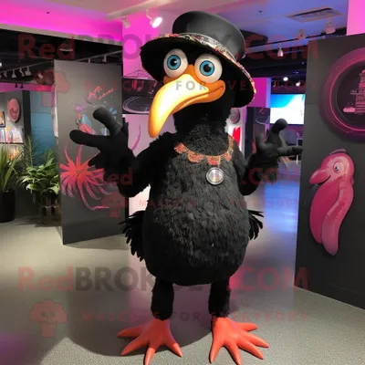 Produktbild von Schwarzer REDBROKOLY Flamingo Maskottchen Kostüm charakter bekleidet mit Jeggings und Hutnadeln