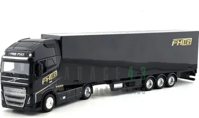 A black Volvo FH16 semi-truck with a trailer, shown from a side-front angle against a white background.