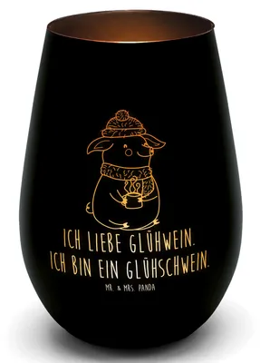 Produktbild von Mr. & Mrs. Panda Teelichthalter Schwein Glühwein - Schwarz - Geschenk, teelichtglas, Punsch, Kerzenhalter, Glas Windlicht, Laterne, Weihnachtsmarkt, Glühschwein