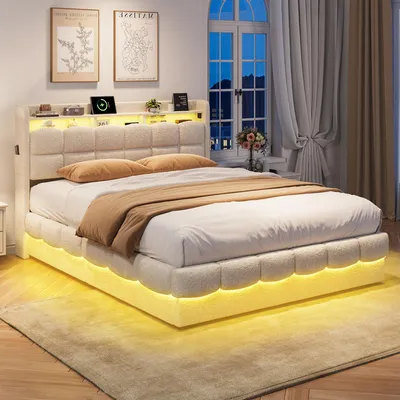 Obrázok produktu pre INONEFT čalúnená posteľ 140x200 cm s LED osvetlením, posteľ pre mládež/detská posteľ s úložným priestorom, posteľ s úložným priestorom, dvojposteľ s roštom, rám postele z plyšovej látky, béžová farba