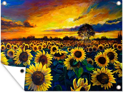 Produktbild von MuchoWow® 120x90 cm Outdoor-Poster Gartendeko Sichtschutz Garten Poster für den Garten  Gemälde - Ölfarbe - Blumen - Sonnenblume