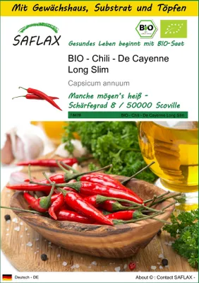Produktbild von SAFLAX Anzucht Set - BIO - Chili - De Cayenne Long Slim - Capsicum annuum - 10 Samen - Mit Mini-Gewächshaus, Anzuchtsubstrat und 2 Töpfen