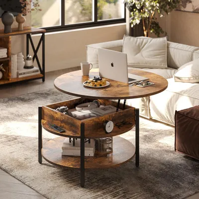Produktbild von FABATO Runder Couchtisch mit anhebbarer Tischplatte, Stauraum, verstecktem Fach. Landhausstil, 2 Ebenen, rustikal braun