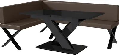 Produktbild von MEBLINI Eckbank für Esszimmer mit ausziehbarem Tisch - Küchenbank - Essecke - Sitzecke Küche - TONI - X-Beine 142x196x87cm Links - Braun Kunstleder/B Schwarz Hochgl.