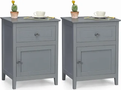 Two gray nightstands are shown side-by-side against a white background.