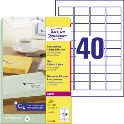 Produktbild von Avery Zweckform L4770-25 Adress-Etiketten, A4, 45,7 x 25,4 mm, 25 Bogen/1.000 Etiketten, transparent