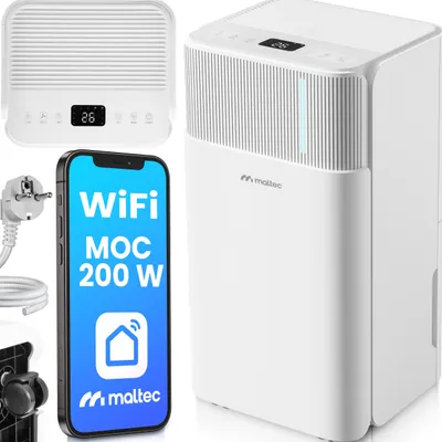 A collage of a white dehumidifier, a smartphone displaying product information, and a power plug with a cable.