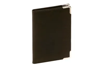 A black cardholder with silver corner protectors is shown against a white background.