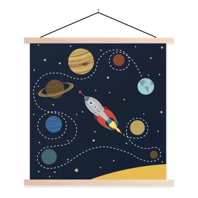 Produktbild von MuchoWow® Textilposter Vektor-Illustration Raumschiff in einfachen Sonnensystem 60x60 cm mit holzfarbenen Rahmen - Wanddekoration
