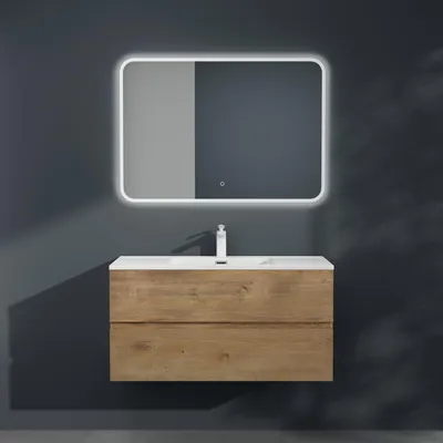 A modern bathroom vanity with a wooden cabinet and a white sink, mounted on a dark gray wall.