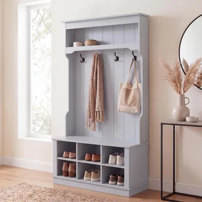Immagine prodotto di Appendiabiti HWC-P26, appendiabiti da ingresso in legno con panca, 4 ganci, vano portaoggetti, ripiano in melamina 170x100x39 cm ~ grigio chiaro