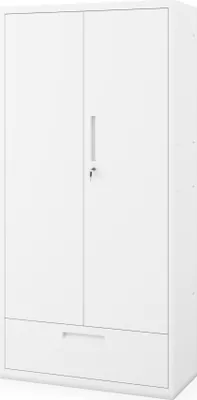 A white metal cabinet with two doors and a drawer at the bottom.