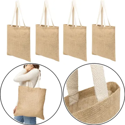 Produktbild von 4x Jute-Tasche 38x40cm – Faltbare Einkaufstasche Jute - 4x Beutel - Stilvolle Tragetasche Leinentasche - Stoffbeutel