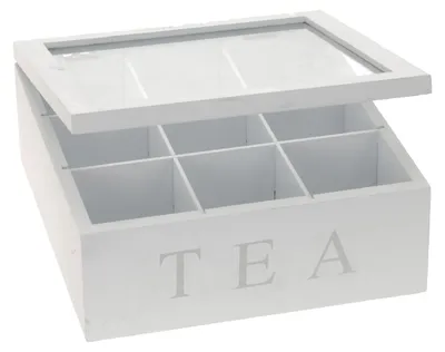 Produktbild von Teebox Holz Weiß Deckel 9-Fächer mit Aufschrift TEA