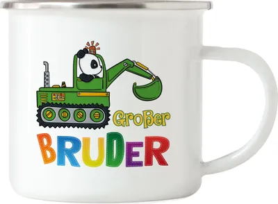 Produktbild von Großer Bruder Emaille Tasse Panda Bagger Motiv Geschenk Ankündigung Babynews