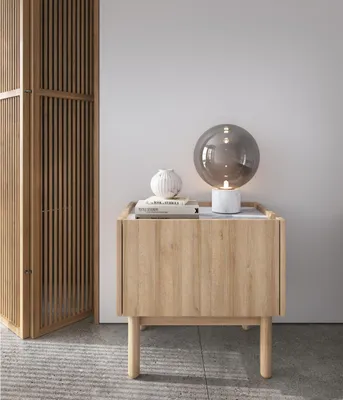 Produktbild von Nachttisch aus Holz Soho Nachtkonsole im minimalistischen Stil Nachtkommode mit Marmorplatte, Farbe: Eiche Riviera, Weiß