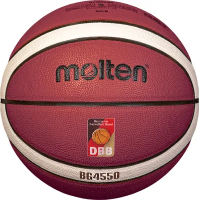 A maroon basketball with white stripes and black lettering.