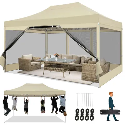 Produktbild von Faltpavillon 3x4,5m Wasserdicht Stabil mit 4 Seitenwänden Moskitonetz Pop Up Gartenpavillon Anti-UV Khaki