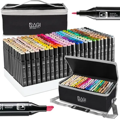 Zdjęcie produktu dla RAGI Twin Tip Marker 264 kolory - flamastry na bazie alkoholu z podwójną końcówką, wodoodporne, do mangi, szkiców, bullet journal, z torbą do przenoszenia