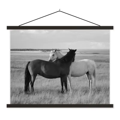 Produktbild von MuchoWow® Textilposter Pferde - Tiere - Porträt - Schwarz-Weiß - Landleben 60x45 cm mit schwarzem Rahmen - Poster Schlafzimmer