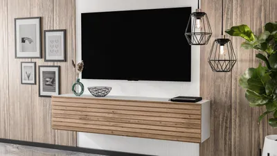 Produktbild von AX LIVING Lowboard Zivolli 160 Lamellenfront TV-Hängeschrank Weiß/Wotan Lamellen