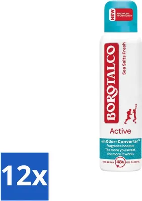 Immagine prodotto di Borotalco – Deodorante spray – Active – Sea Salts Fresh – 0% alcool – 150 ml - Confezione risparmio - 12 pezzi