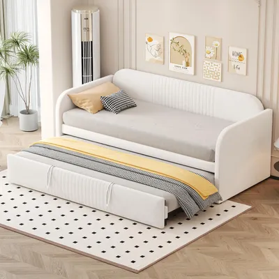 Produktbild von STILVORA Schlafsofa 90/180x190 cm mit Lattenrost,Ausziehbares Schlafsofa vertikales Streifendesign Kinderbett,Leinenstoff Ausziehbett(ohne Matratze ) Beige