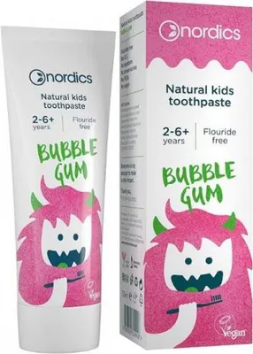 Imagen del producto de Pasta de dientes para niños, sabor chicle, vegana, 50 ml, color blanco/rosa
